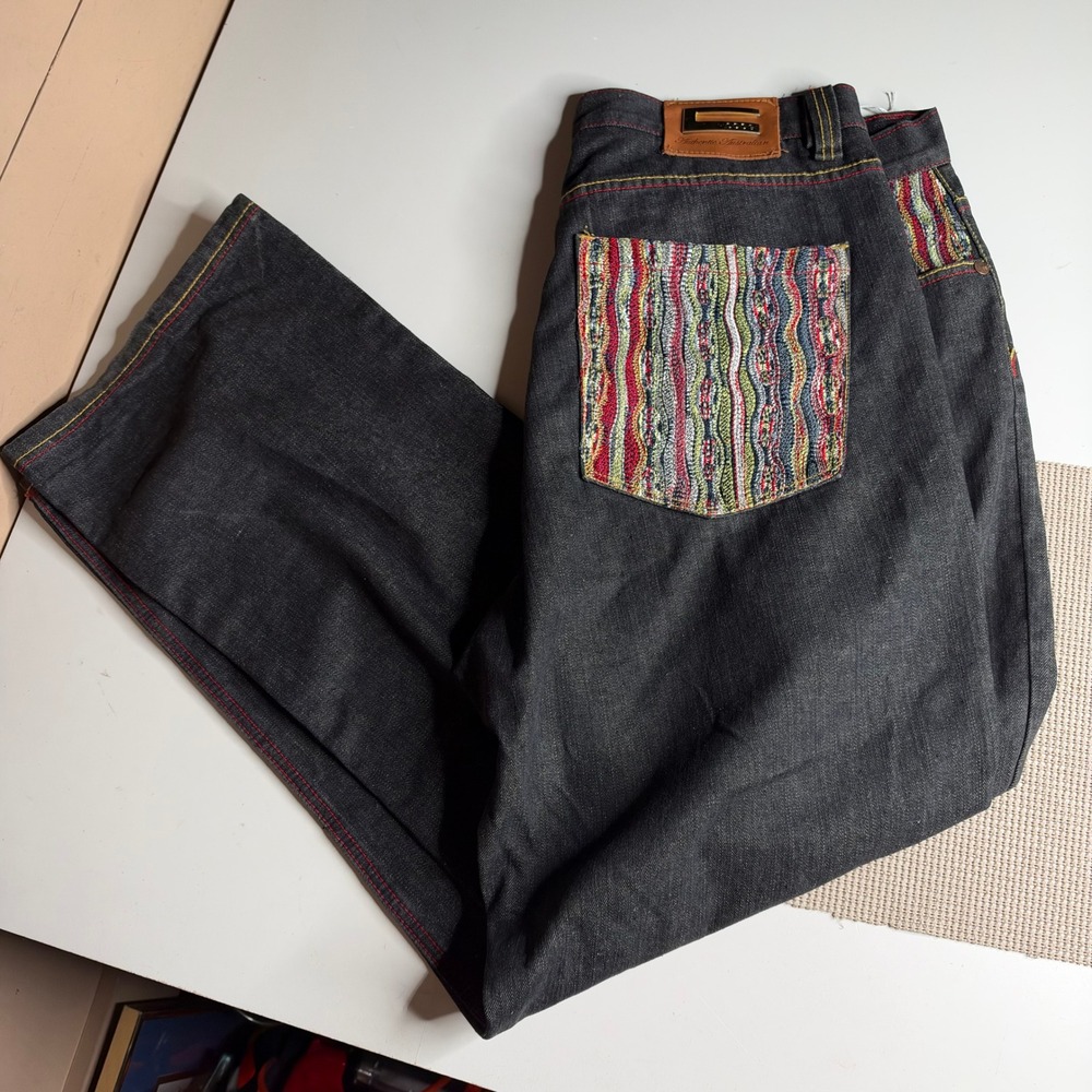 Coogi Mens Black Denim Jeans Knit Pocket Trim 40x34 Streetwear Y2K Hip Hop